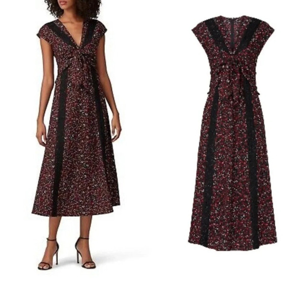 Thakoon Floral Black Red Lace Midi Dress Size 4 - Picture 1 of 10